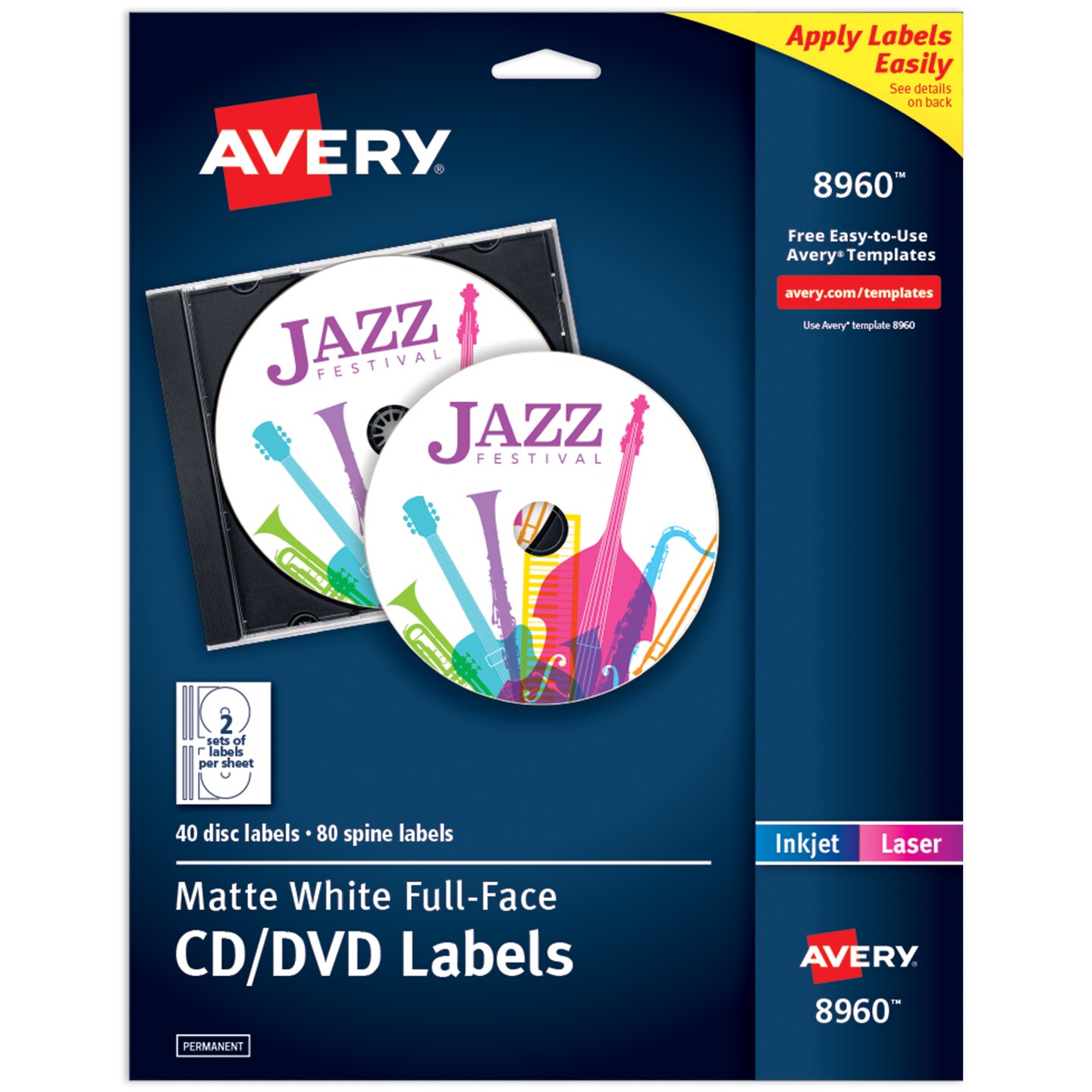 Avery CD Labels, Print to the Edge, Permanent Adhesive, Matte, 40 Disc Labels and 80 Spine Labels (8960)