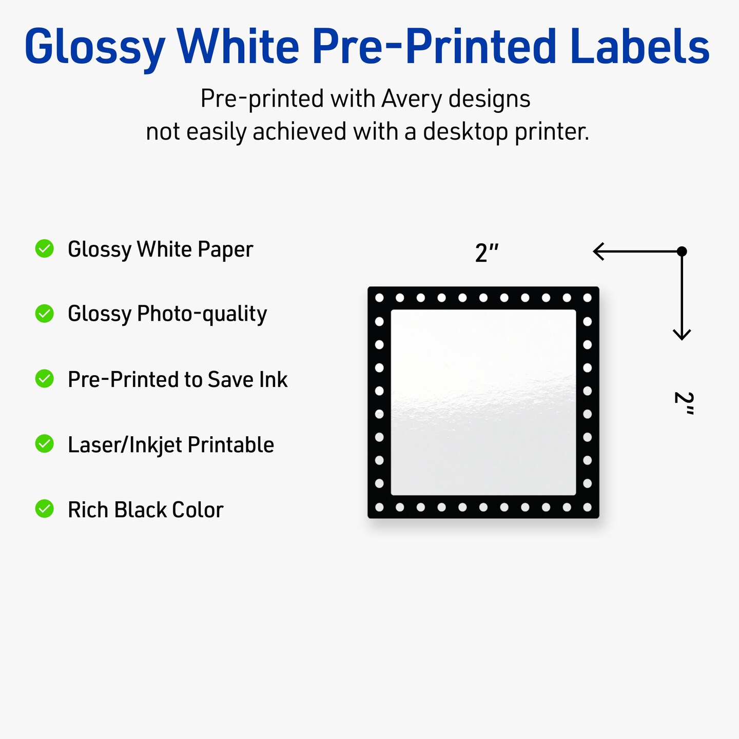 Avery Printable Square Labels, Black and White Polka Dots, 2&#x22; x 2&#x22;, Glossy White Square Labels, Permanent, Laser/Inkjet, 120ct, Great for Product Labels