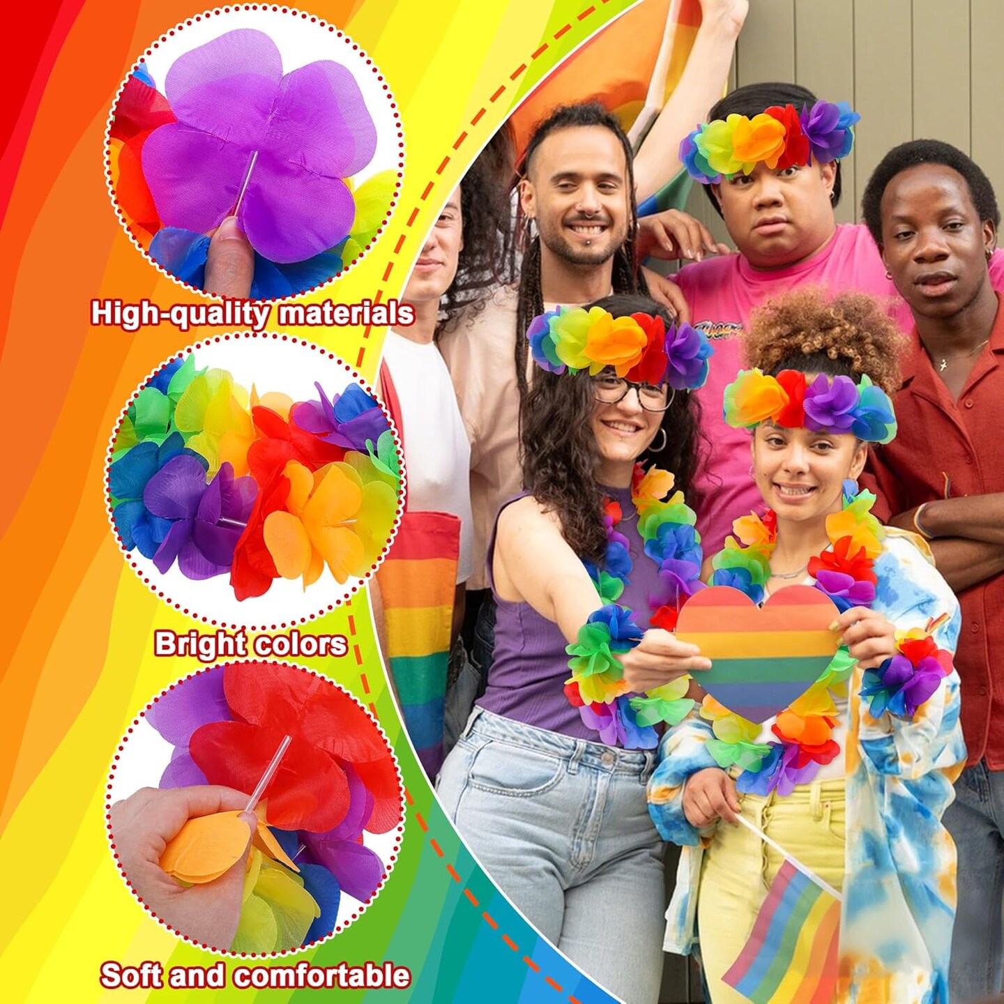 96 Pcs Rainbow Hawaiian Leis Set, Pride Month Hawaiian Floral Lei with Headband and Bracelets(Rainbow)