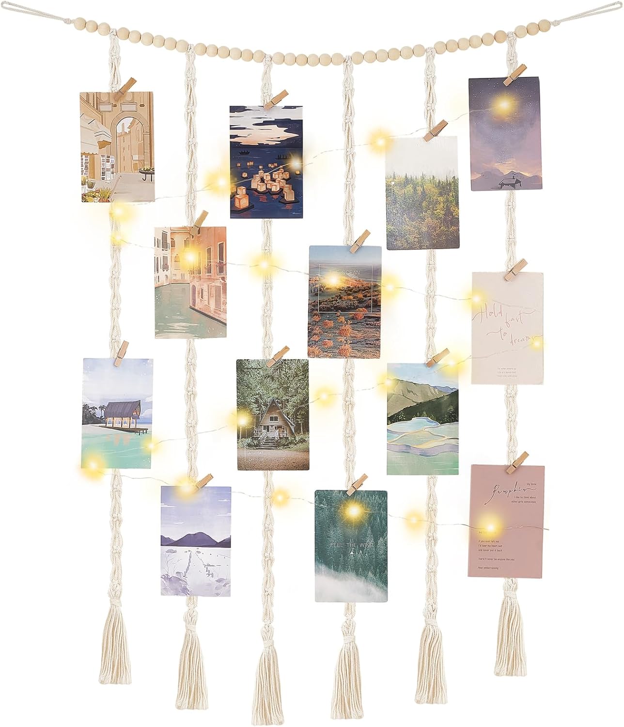 Macrame Hanging Photo Display Wall Decor with String Lights, 30 Clips for Bedroom