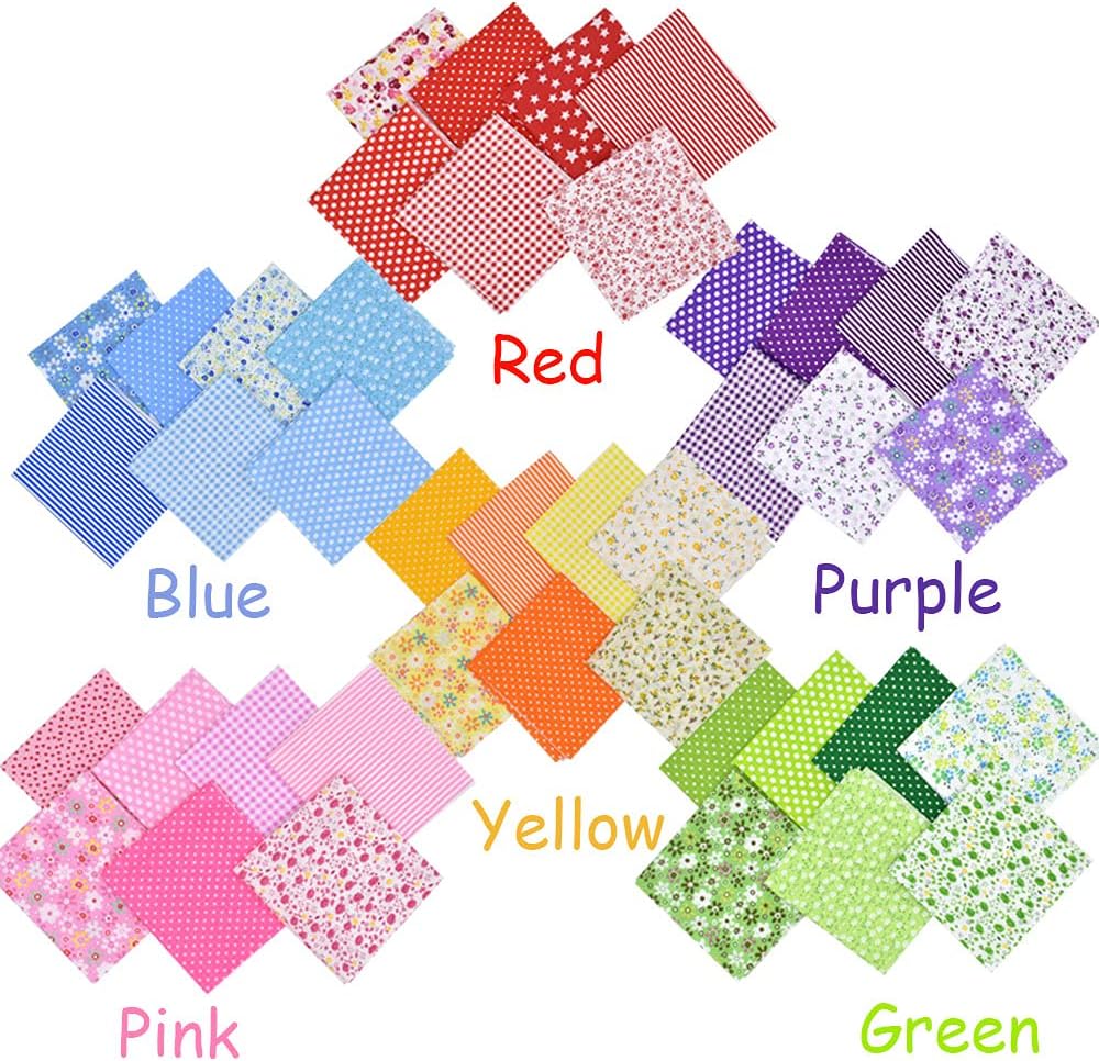 42Pcs Quilting Cotton Fabric Squares Sheets Pre-Cut (Red/Pink/Yellow/Green/Blue/Purple)