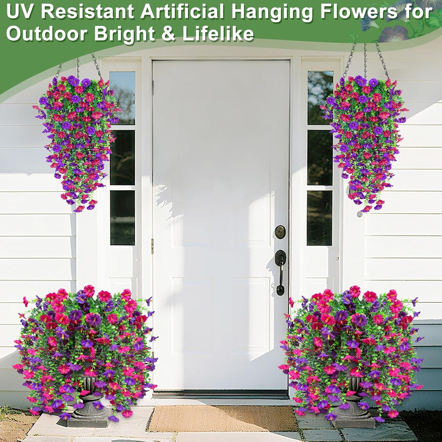 4PCS Artificial Fake Hanging Flowers Plants for Outdoor Decor (Purple Fuchsia)