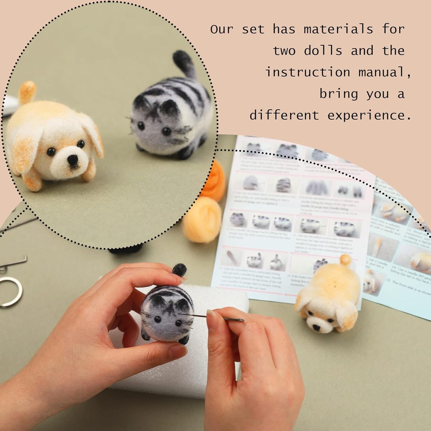 Needle Felting Kit, 2 PCS Animals Needle Felting Set with Instructions, Needle Felting Pad, Felting Wool, Felting Needles, Keychain and Split Ring