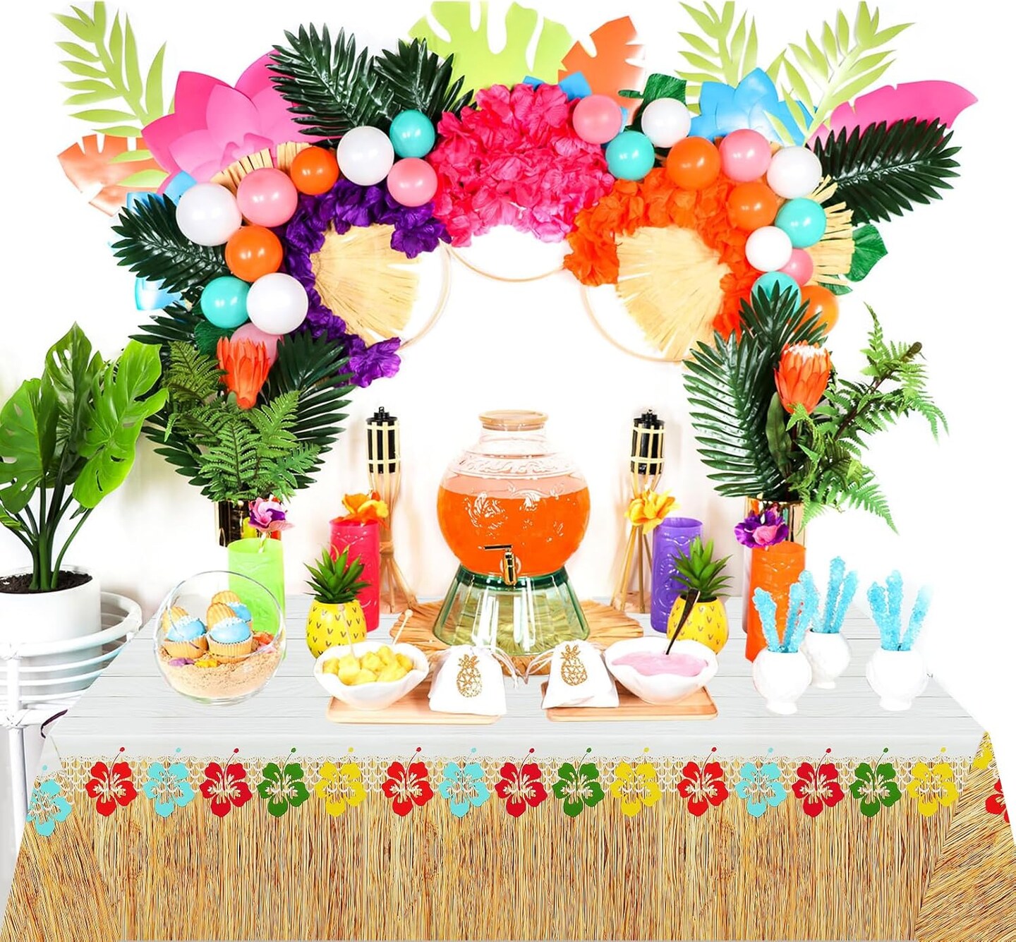 3 Pieces Hawaiian Luau Party Tablecloth Grass Skirt Tablecloths Wood Grain Flowers Plastic Table Covers