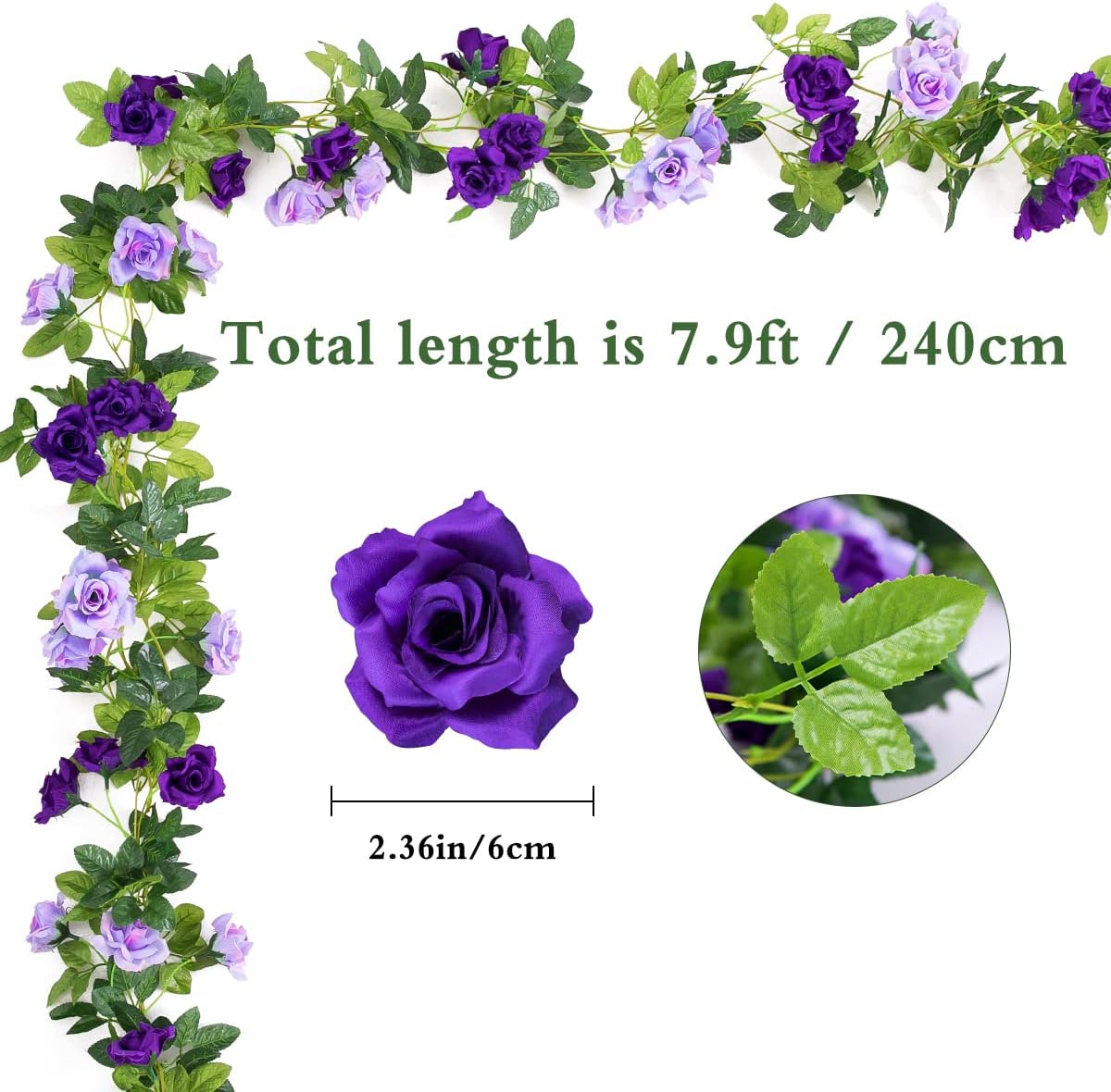 3Pack Artificial Rose Flower Garland, 23.7FT Fake Vines Silk Flowers (Purple)