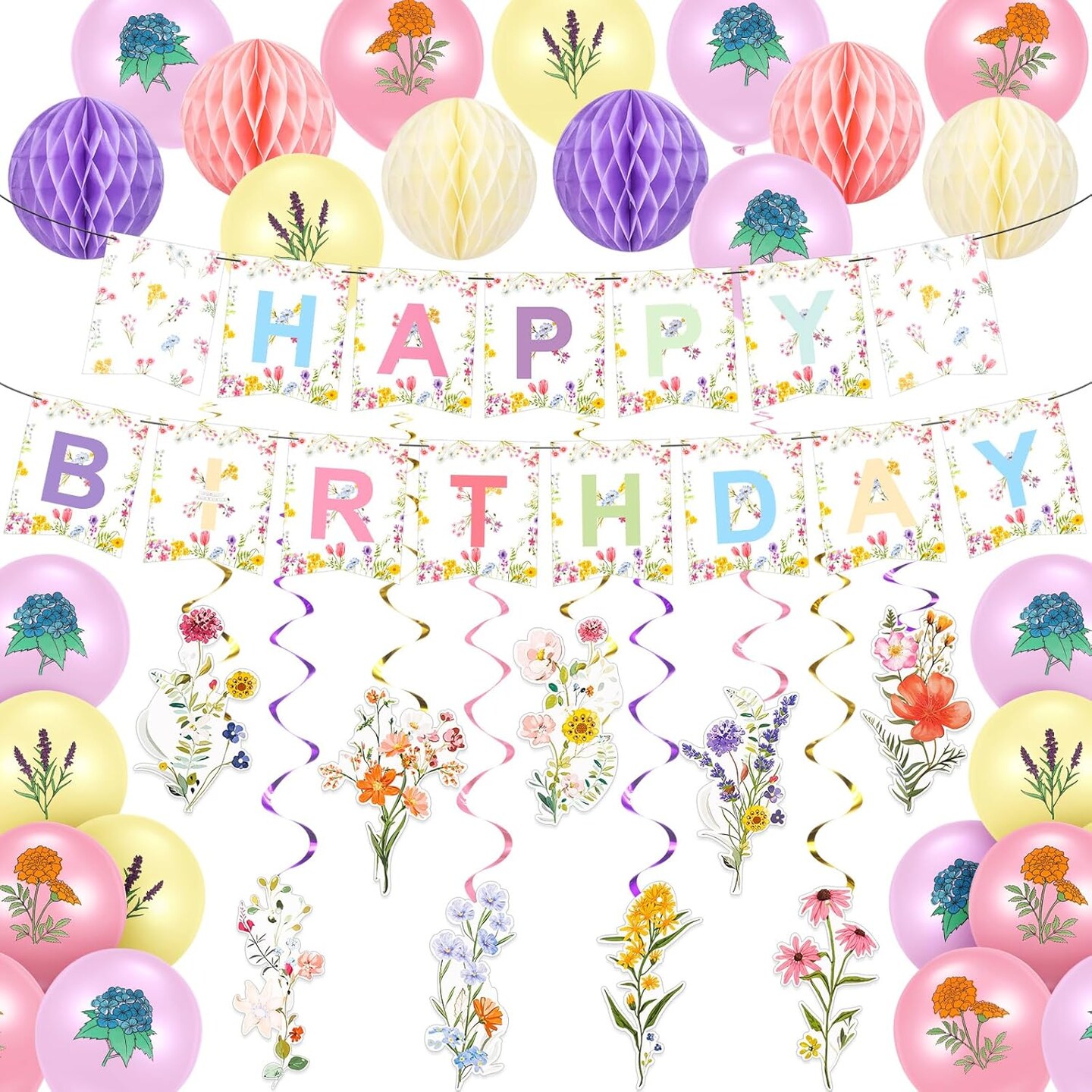 44-Pc Wildflower Birthday Party Decor – Banner, Garland, Swirls & Pastel Balloons