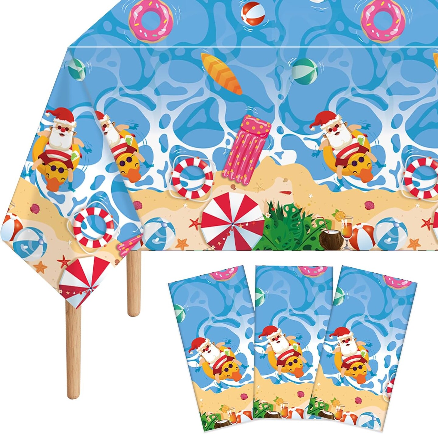 3Pcs Christmas in July Plastic Tablecloth, 54 x 108 Inch Summer Beach Table Cover