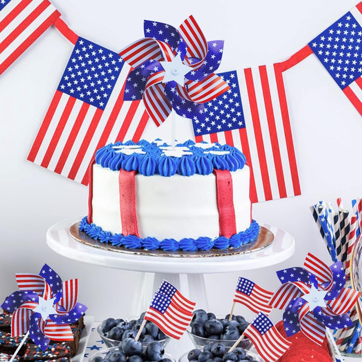 12Pcs American Patriotic Wind Spinners Red White Blue Flag Pinwheels