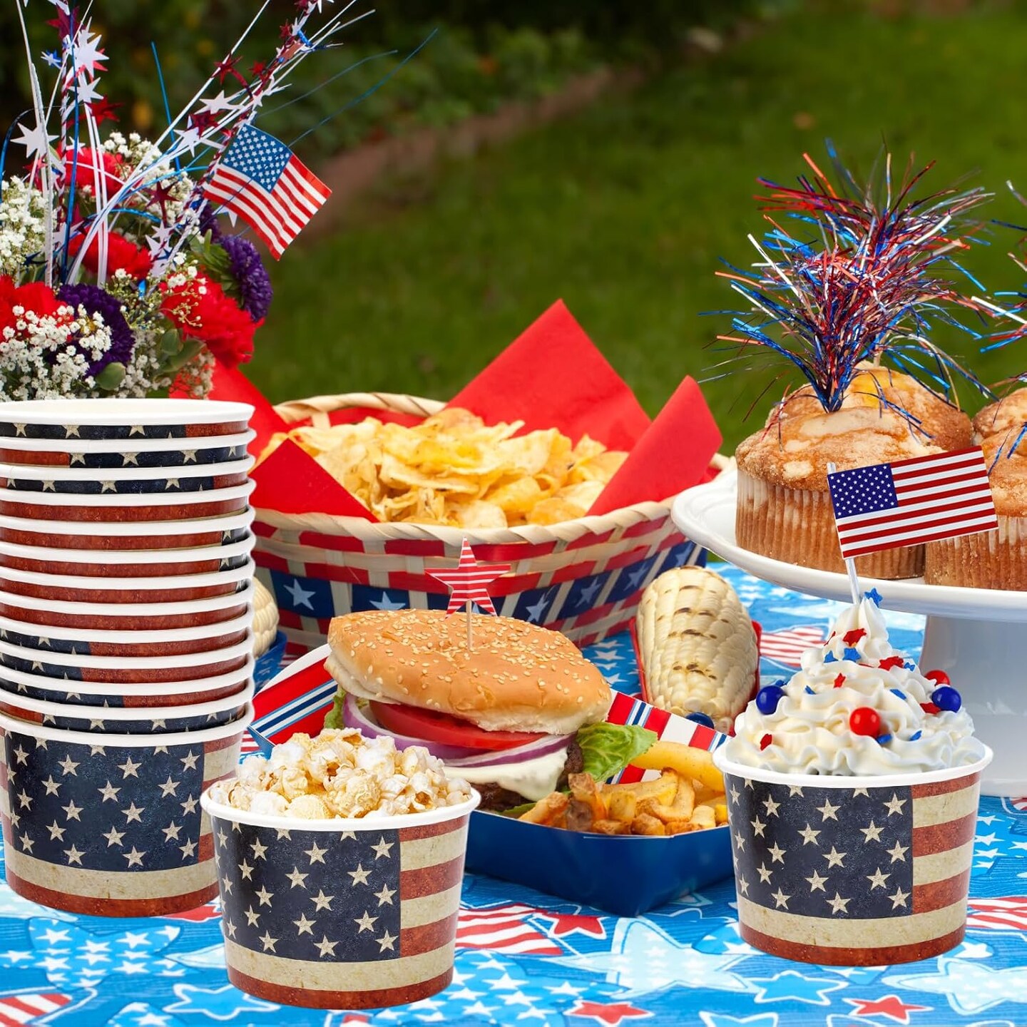 50Pcs Patriotic Treat Snack Cups Vintage American Flag Disposable Paper Bowls 6.5 Oz 4th of July Ice Cream Bowl for Dessert Food Independence Day 250th Anniversary Party Favors Supplies