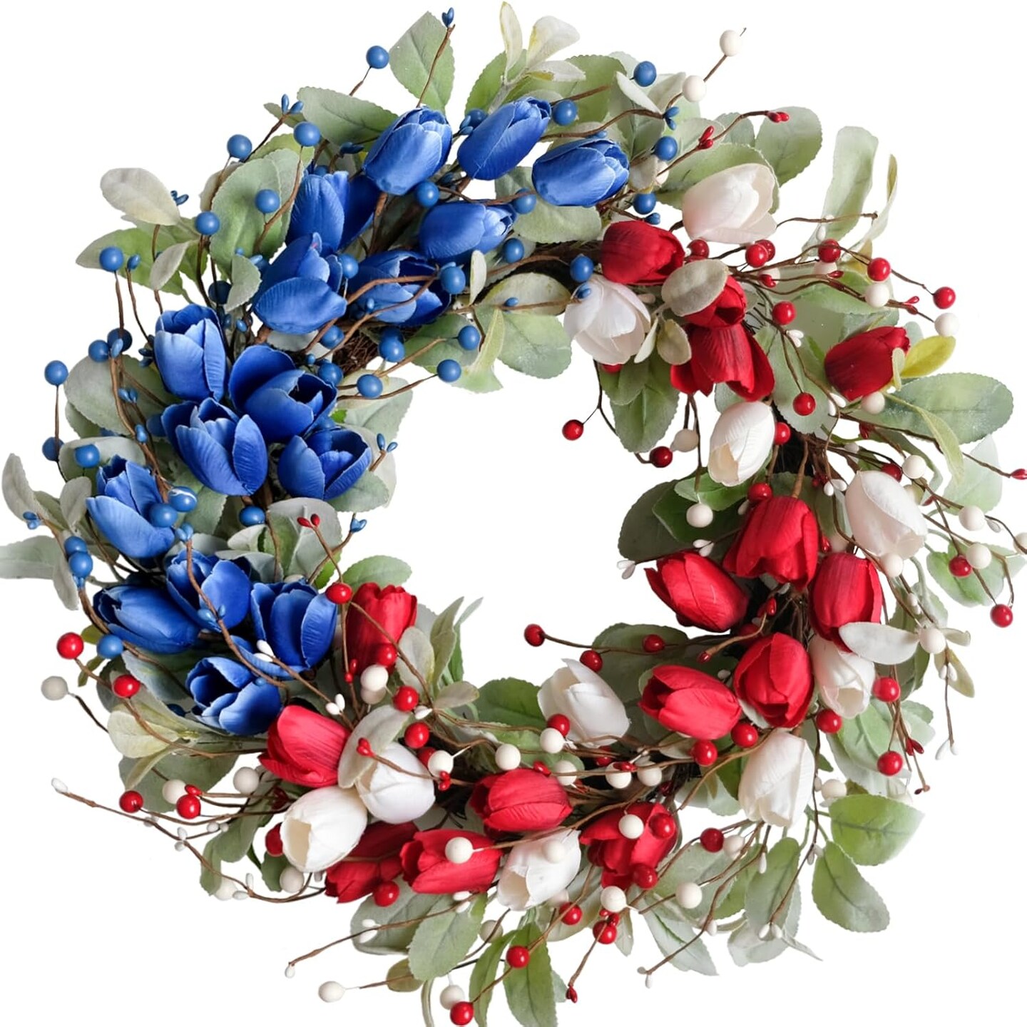 Tulip Flower Patriotic Wreaths Red White Blue Decor Memorial Day Independence Day 4th of July Flag Day Wreaths
