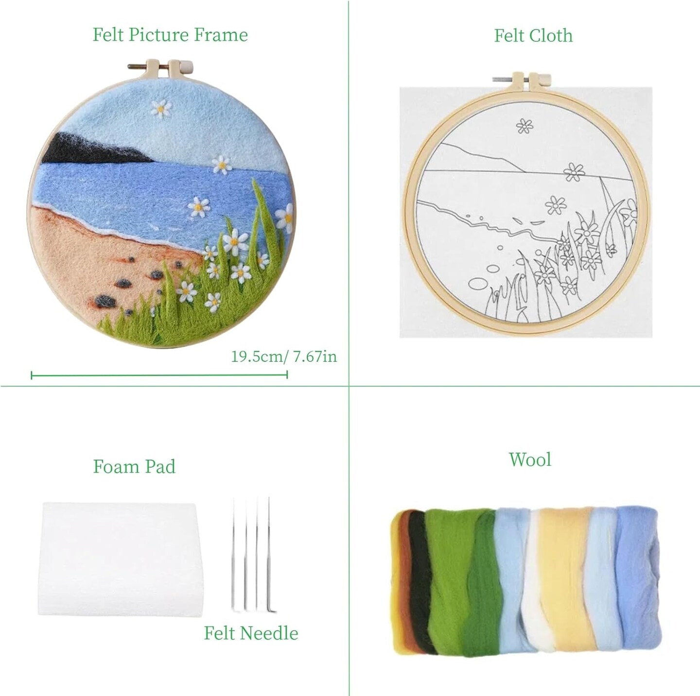 DIY Wool Needle Felting Starter Kit - Beginner 5D "Painting with Wool" Set - Includes Wool Roving, Felting Needles, Photo Frame, Foam Mat, and Step-by-Step Instructions for Home Wall Art Decor (K2)