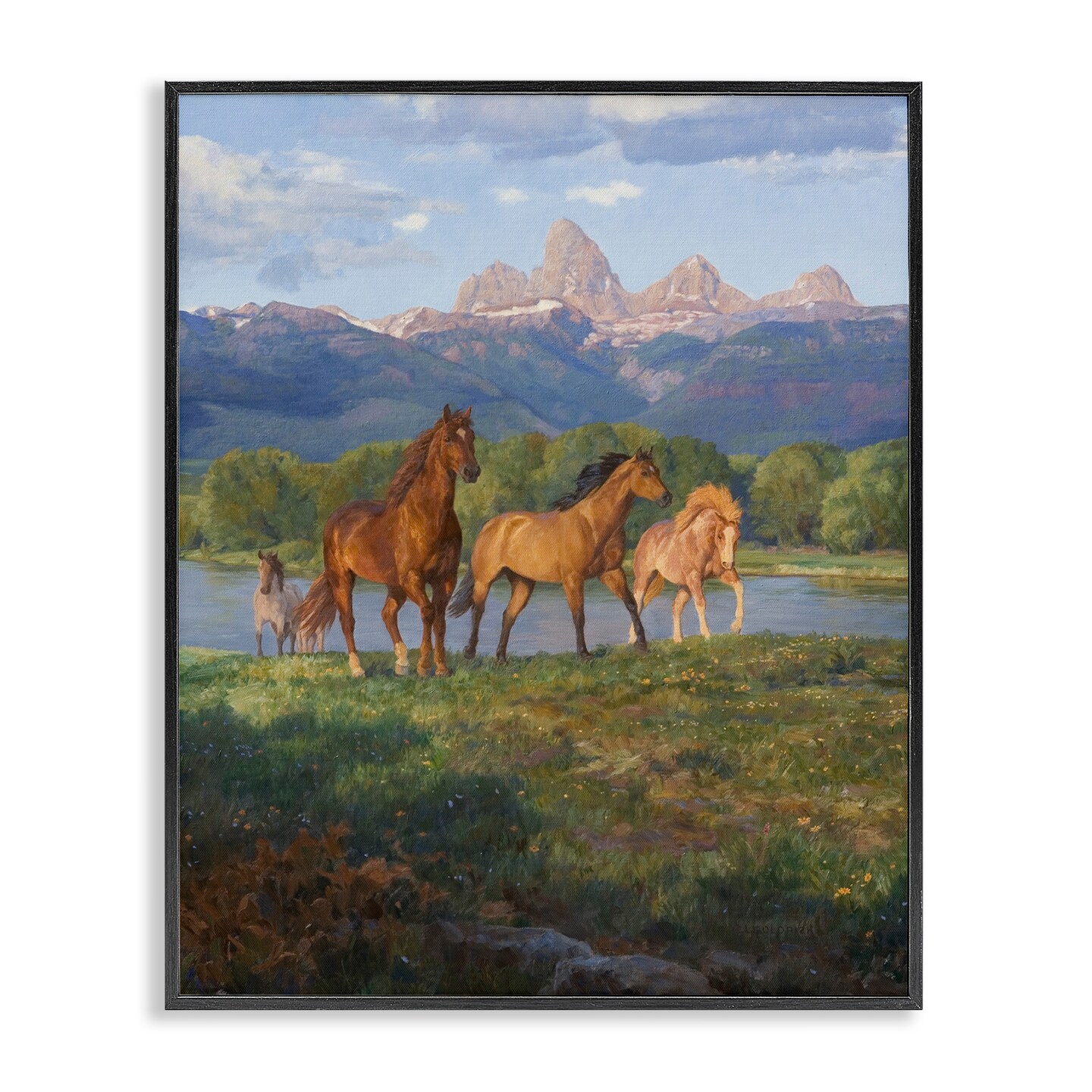 Stupell Industries Mountain River View Horses Framed Giclee By Claire Goldrick