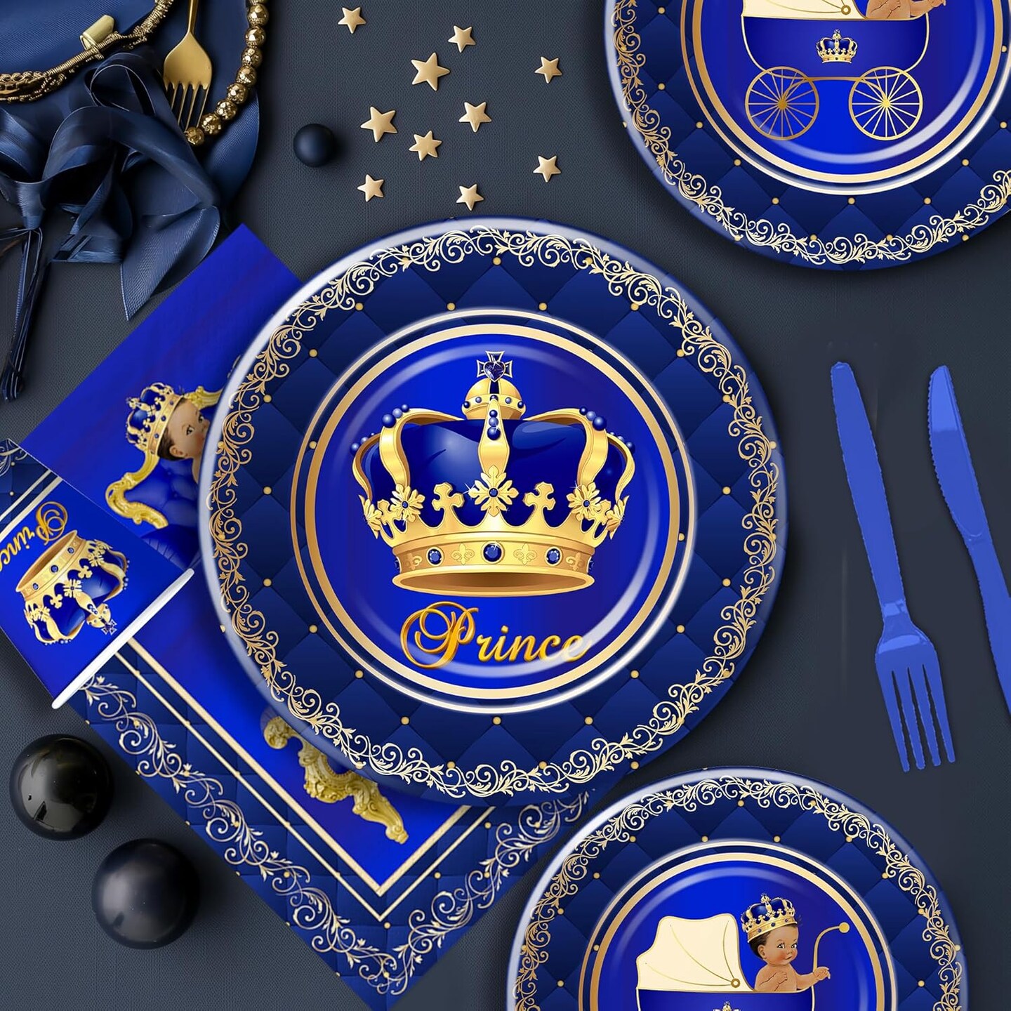 Royal Prince Baby Shower Decorations Party Tableware Boys(Blue, Gold)