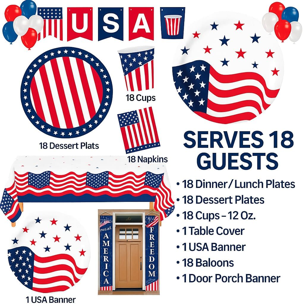 4th of July Party Supplies for 18 Guest &#x2013; Plates, Cups, Napkins, Table Cover, USA Banner &#x26; Balloons