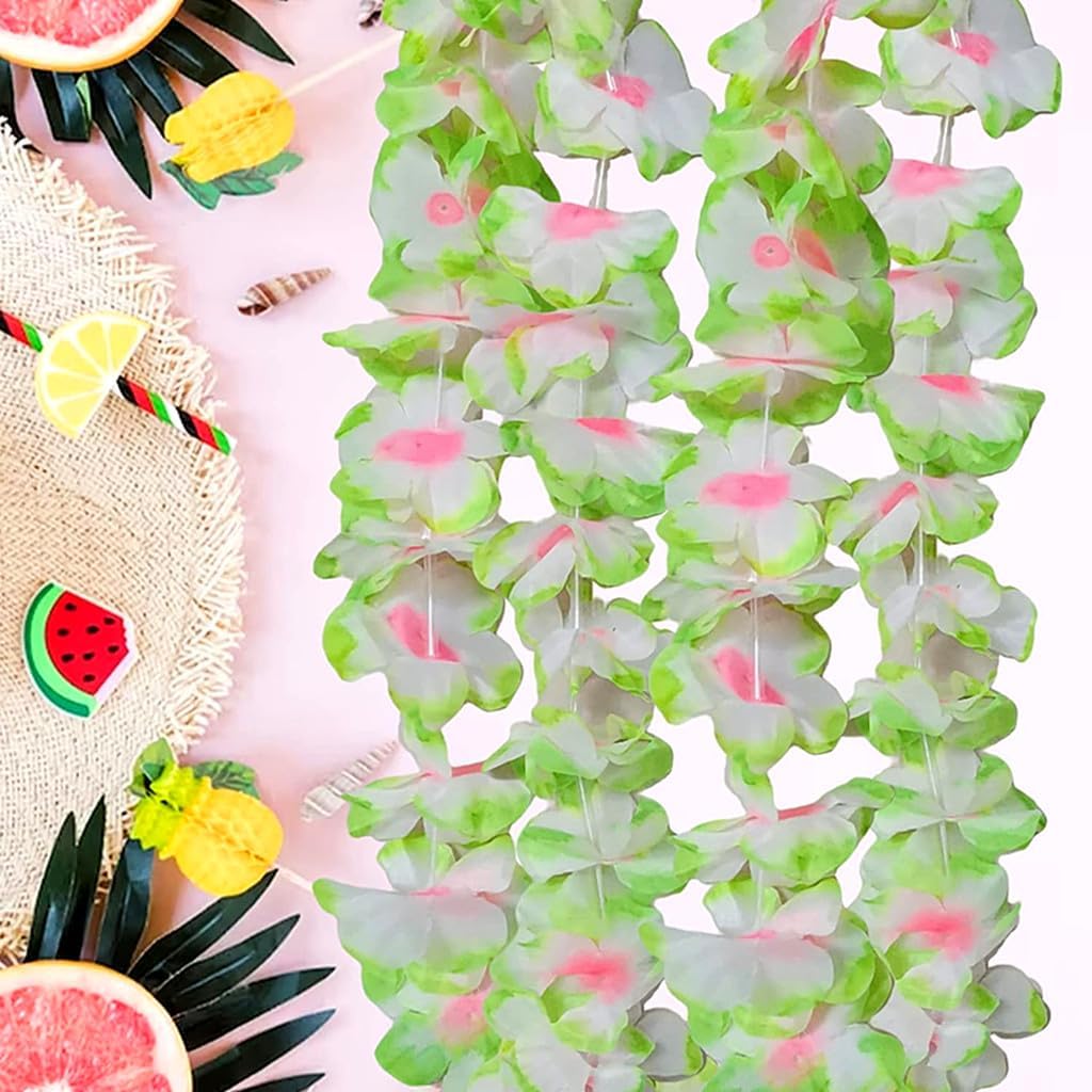 Hawaiian Leis Set,Thickened Artificial Flower Luau Necklace Bracelet Headband Garland Lei Set(Green)