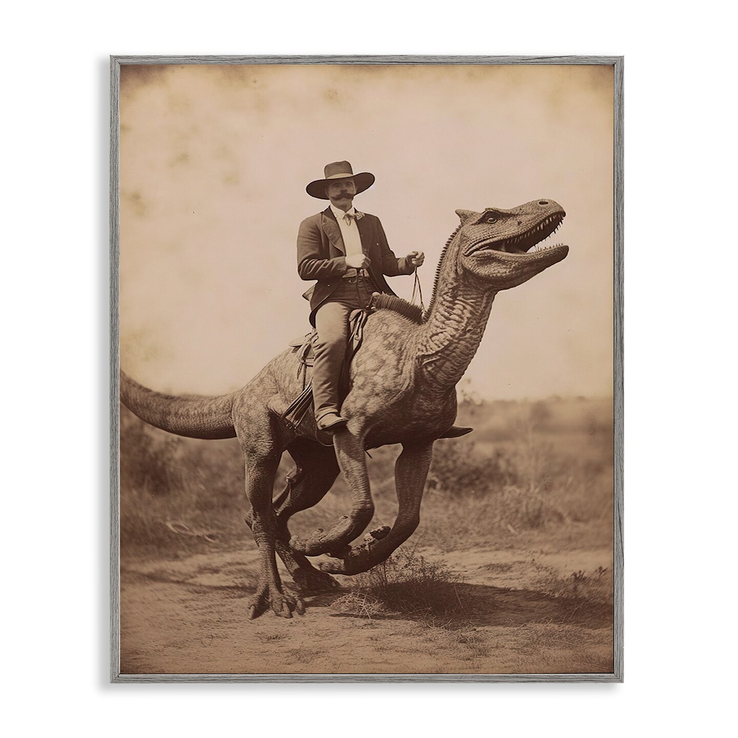 Stupell Industries Wild West Man Riding Dinosaur Framed Giclee By Lettered and Lined