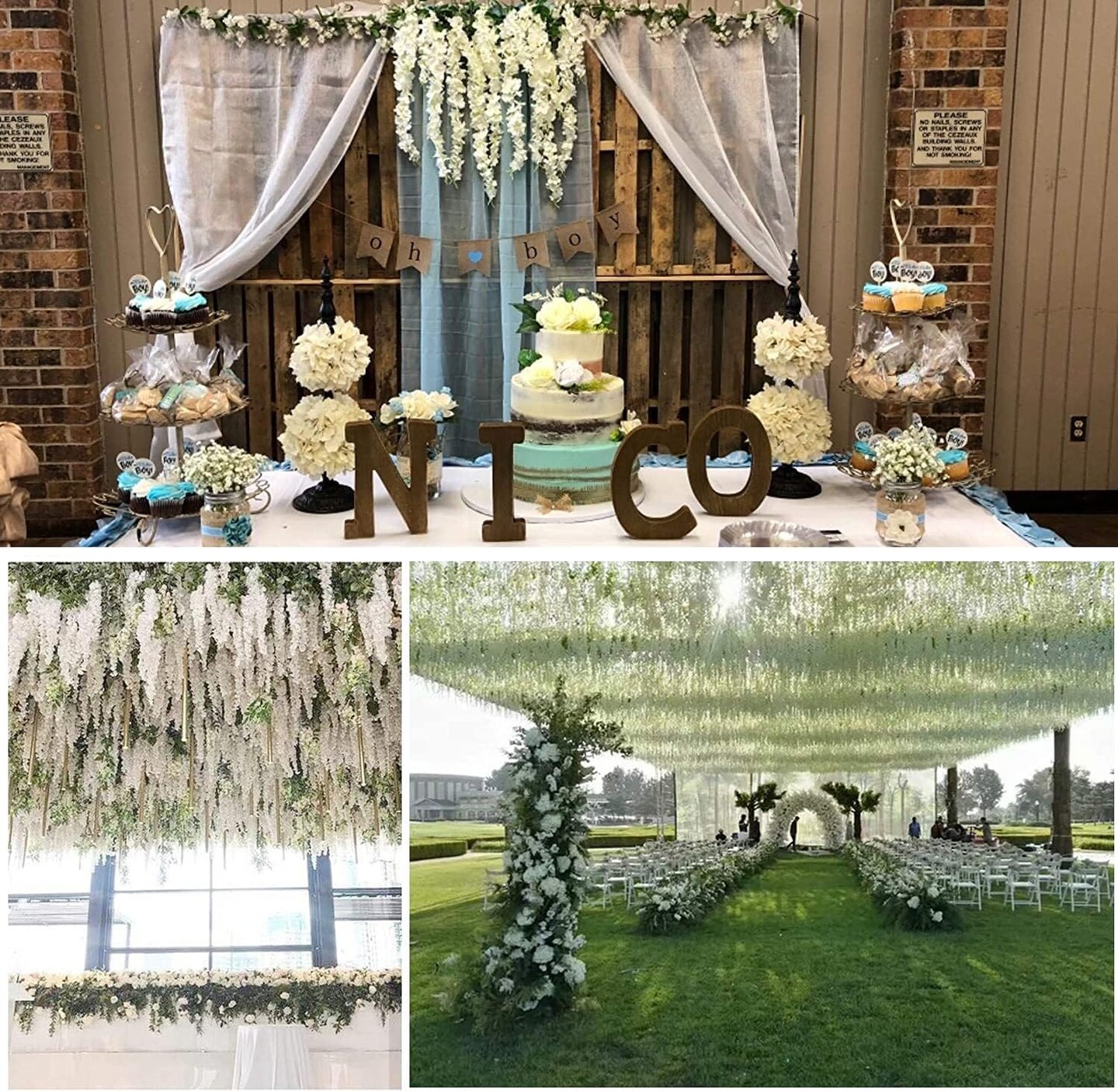 Artificial Wisteria Hanging Flowers Fake Wisteria Flower Garland Silk Vines (White)