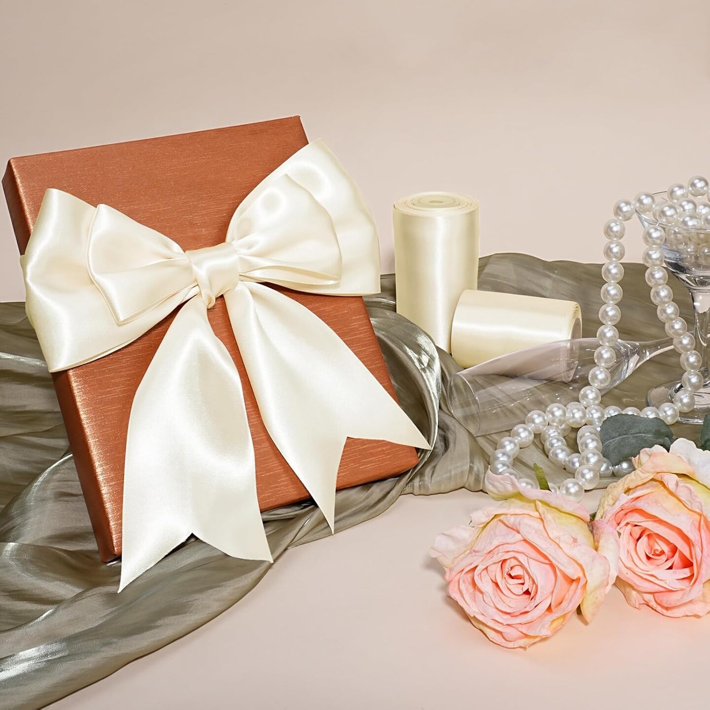 Ivory Satin Ribbon 3 Inch 10 Yards Double Faced Luxury White Cream Silk