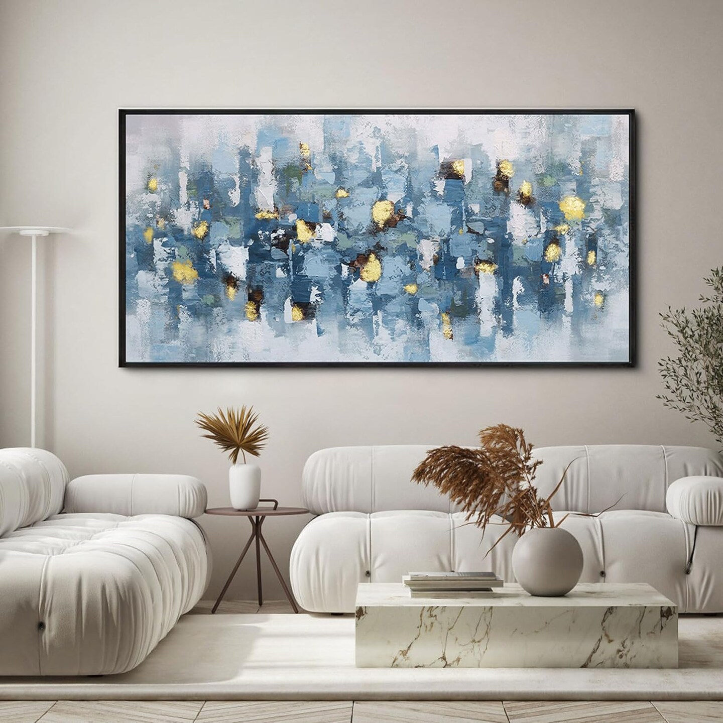 Blue and White Abstract Wall Art - Living Room Wall Decor Gold Picture Artwork