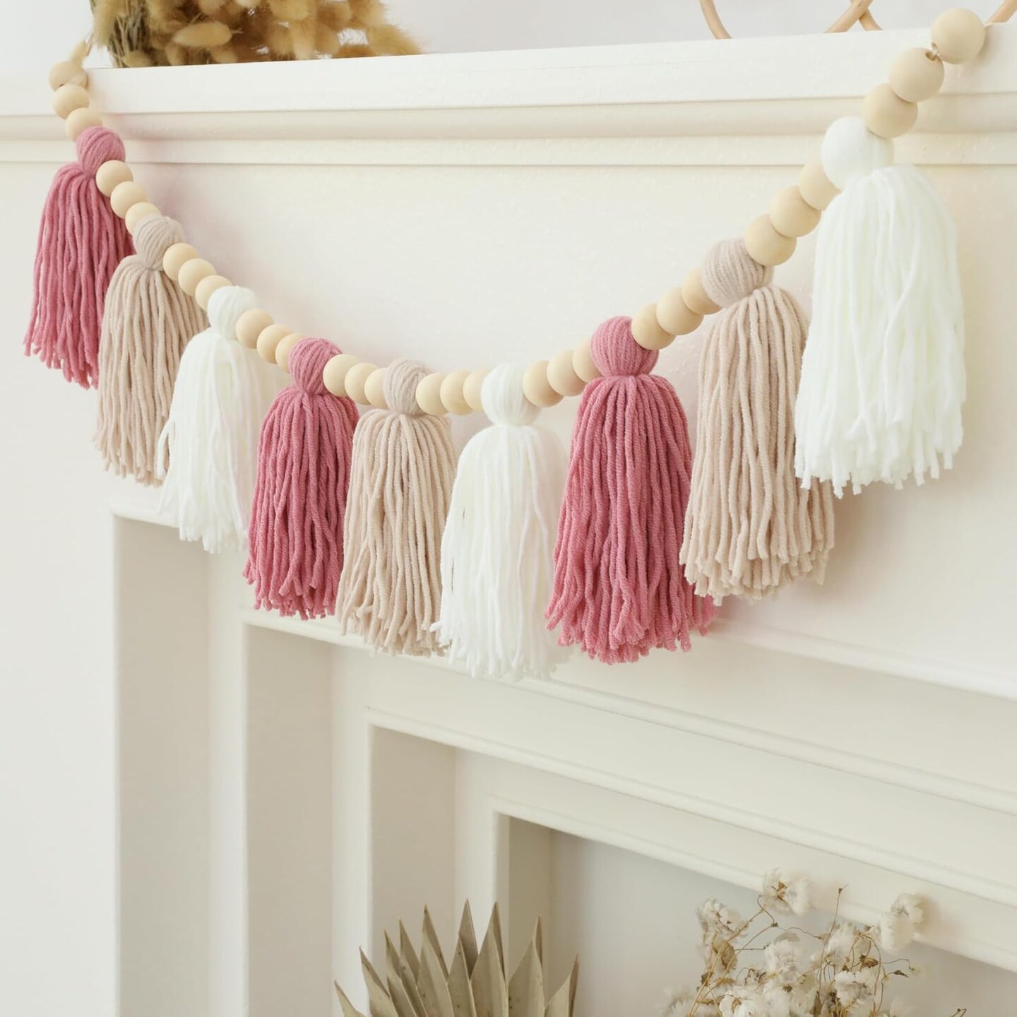 Boho Yarn Tassel Garland Pink Banner with Wood Beads