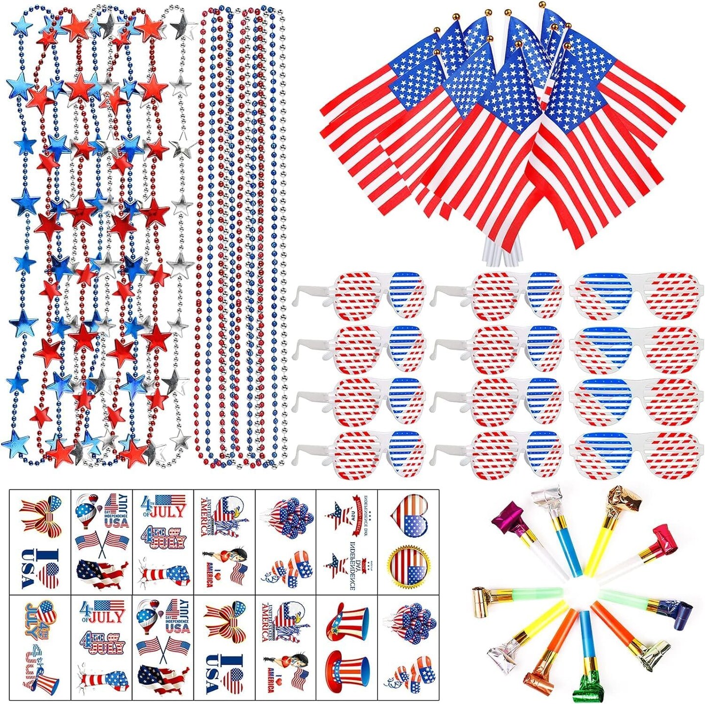 86PCS 4th of July Party Favors – Glasses, Necklaces, Flags, Blowouts & Tattoos