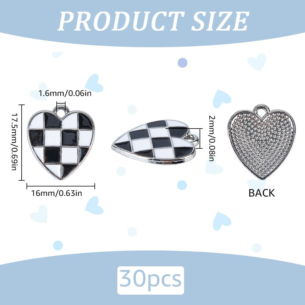 1 Box 30Pcs Checkered Charms Bulk Black and White Heart Charm Metal Enamel Hearts Love Chic Racing Flag Charms for Jewelry Making Charms Keychain Earrings Accessories Wedding Women Beginners