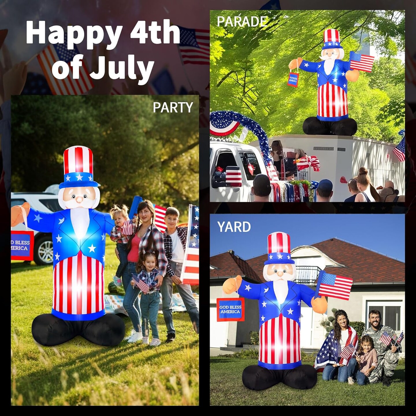 7FT 4th of July Inflatables Decorations Outdoor Uncle Sam Holds American Flag