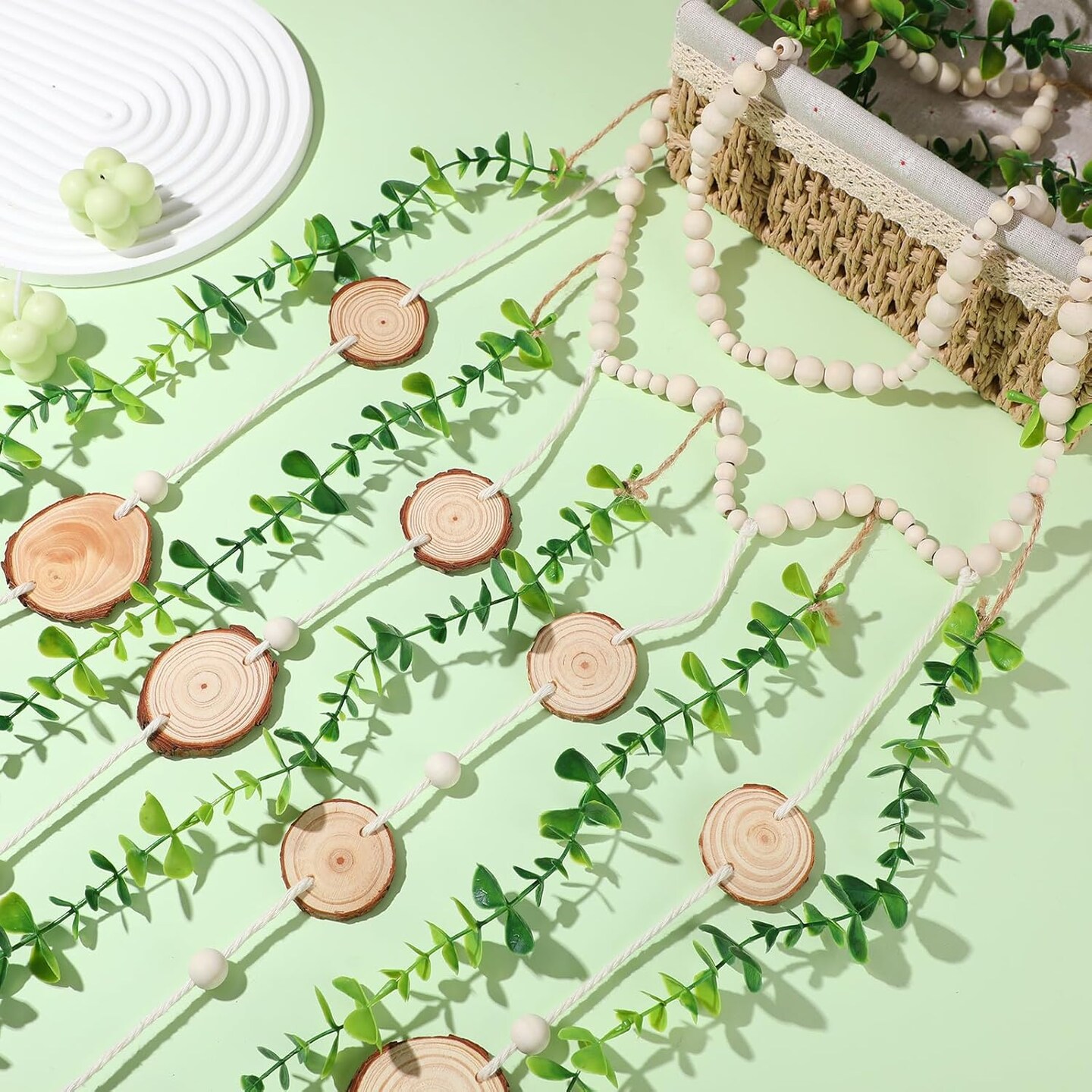 Hanging Eucalyptus Boho Wall Decor 36 x 36 Boho Wall Hanging Wooden Bead Garland