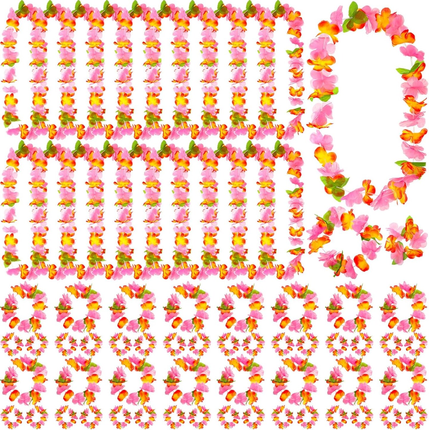 80 Pcs Hawaiian Leis for Luau Party Hawaiian Flower Lei Necklaces Bracelets Headbands Supplies Decorations(Orange and Pink)