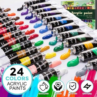 Colorful Kit Pittura Acrilica Completo: 24 Colori Da 12ml, 30 Pennelli, 5 Tele, 2 Spugne E Cavalletto Da Tavolo
