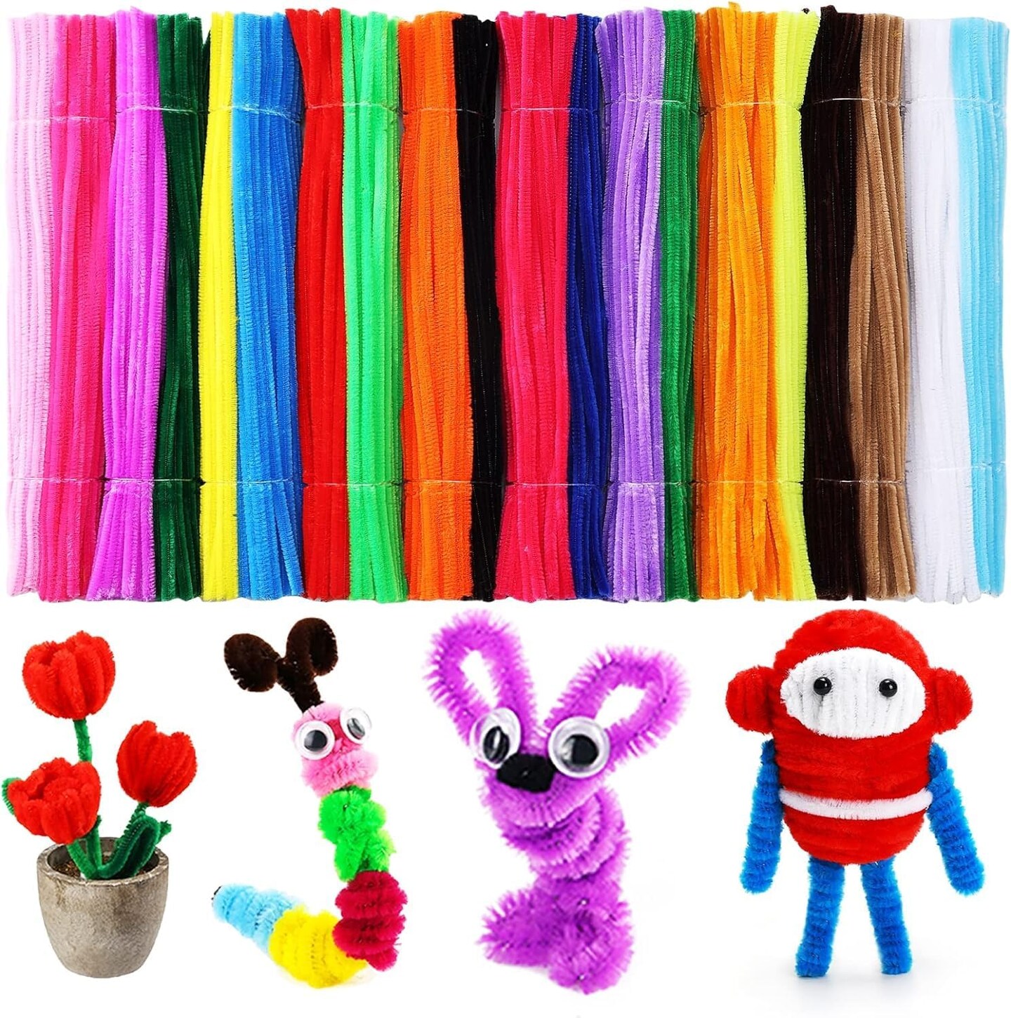 1000 Pieces Pipe Cleaners Assorted 20 Colors Chenille Stems Bulk for Kids