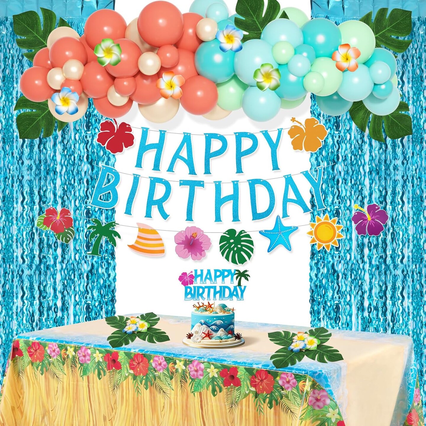 Summer Tropical Birthday Party Decorations – Beach Theme Supplies with Tablecloth, Happy Birthday Banner, Aloha Luau Balloons, Foil Fringe Curtains, Hibiscus & Palm Leaves, Cake Toppers