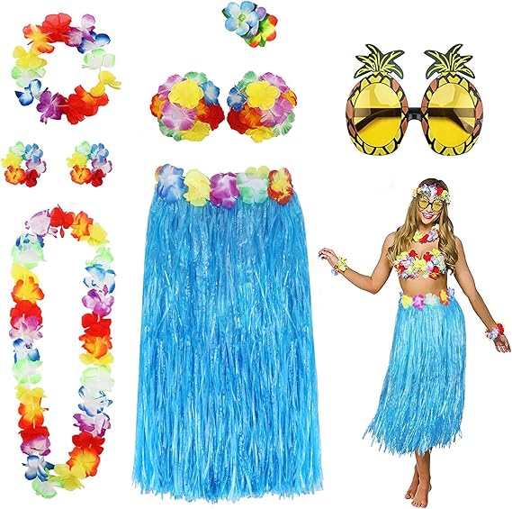8 Pack Hula Skirt Costume Kit for Hawaii Luau Party