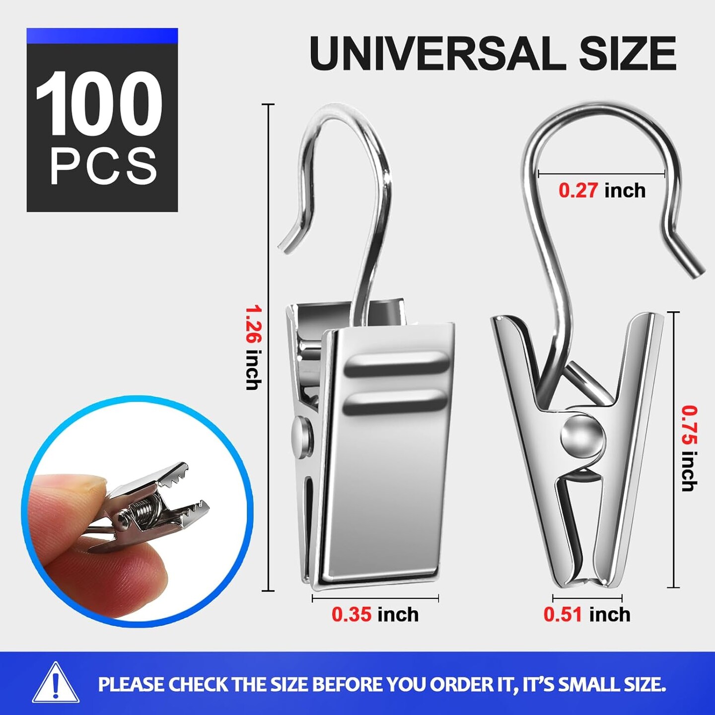 100 PCS Small Curtain Hooks Curtain Clips, Stainless Steel Curtain Rod Hooks(Silver)
