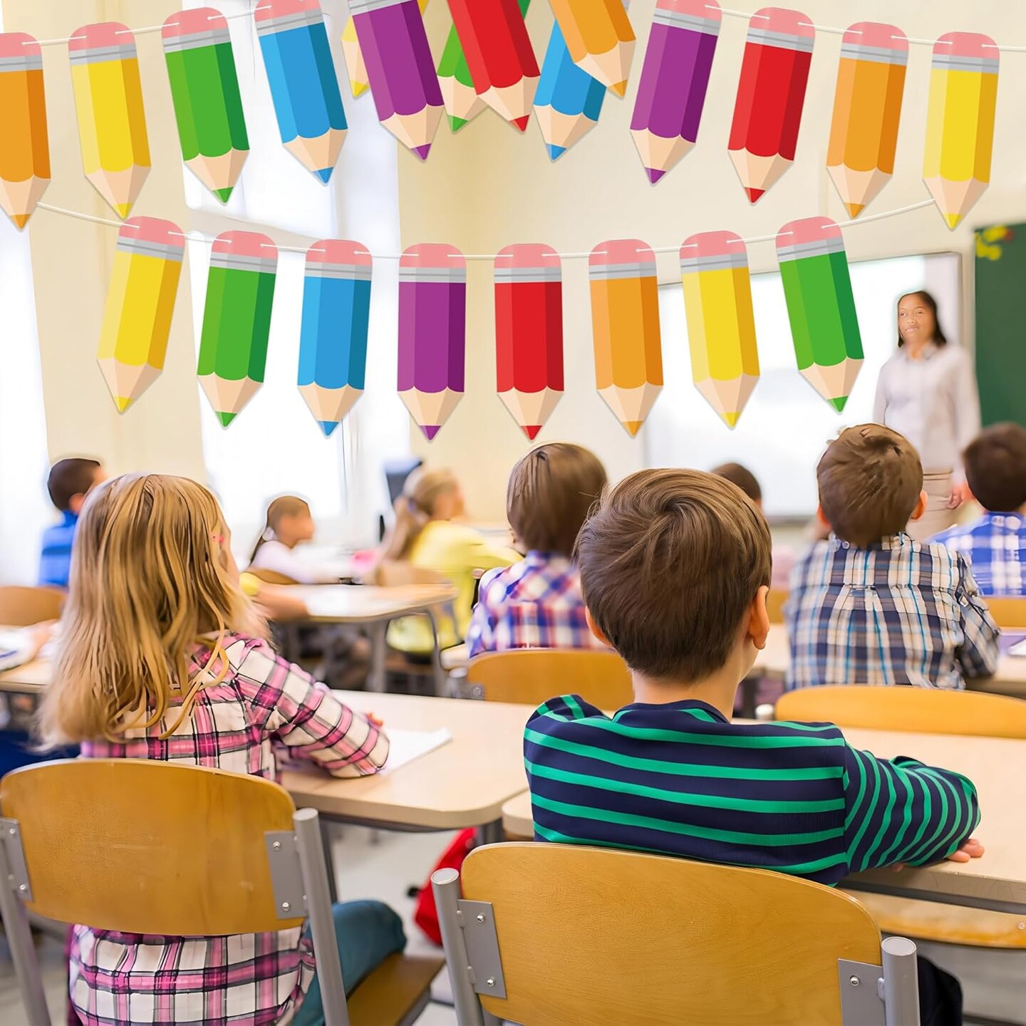 60 Pcs Back to School Pencil Banner Colorful Pencil Hanging Banner