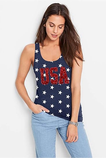 American Flag Tank Top Women USA Star Sequin Sleeveless Tee Patriotic Shirt 4th of July