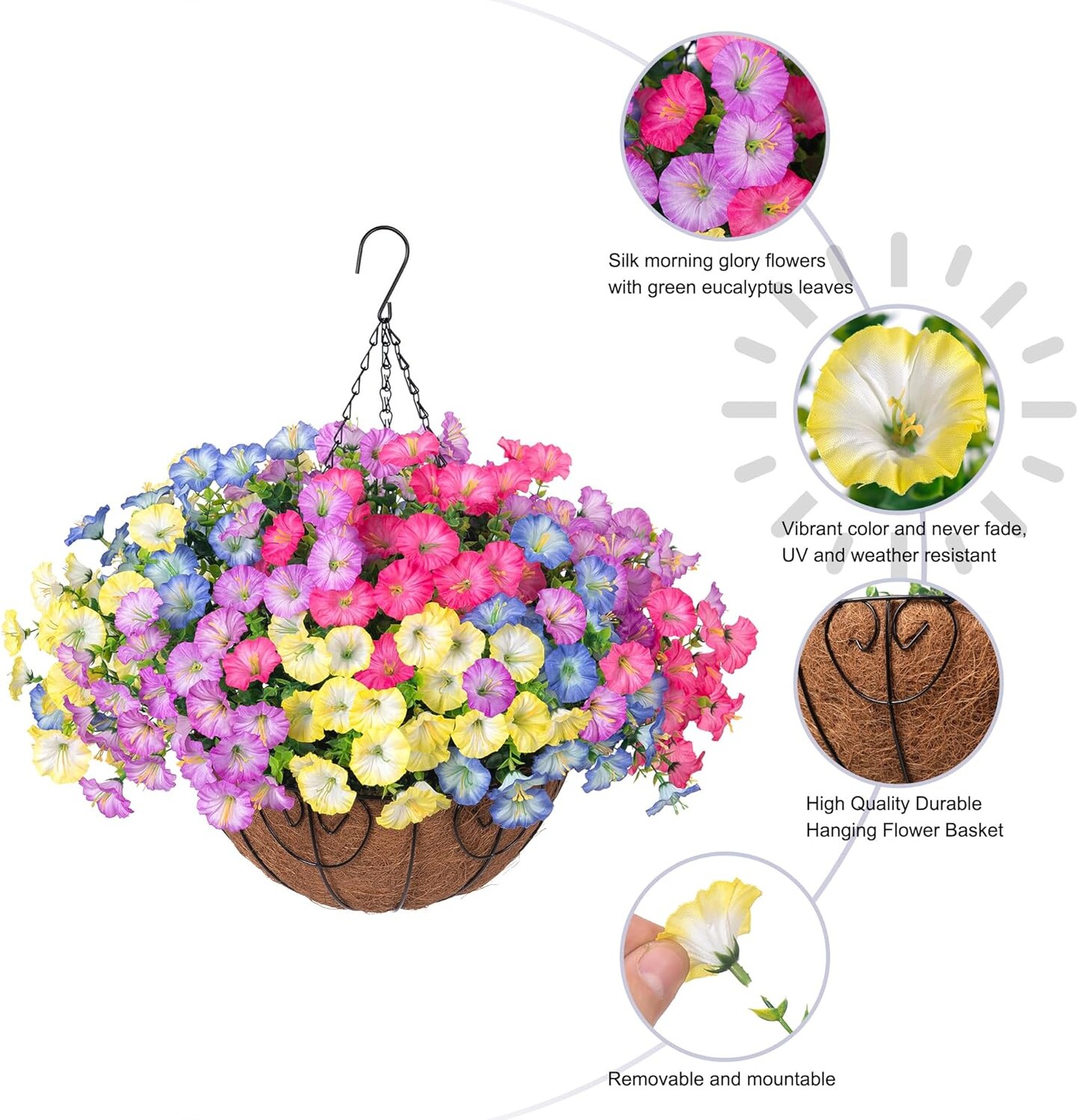 Artificial Faux Hanging Plants Flowers Basket for Outdoors Spring(Purple + Pink + Blue + Yellow)