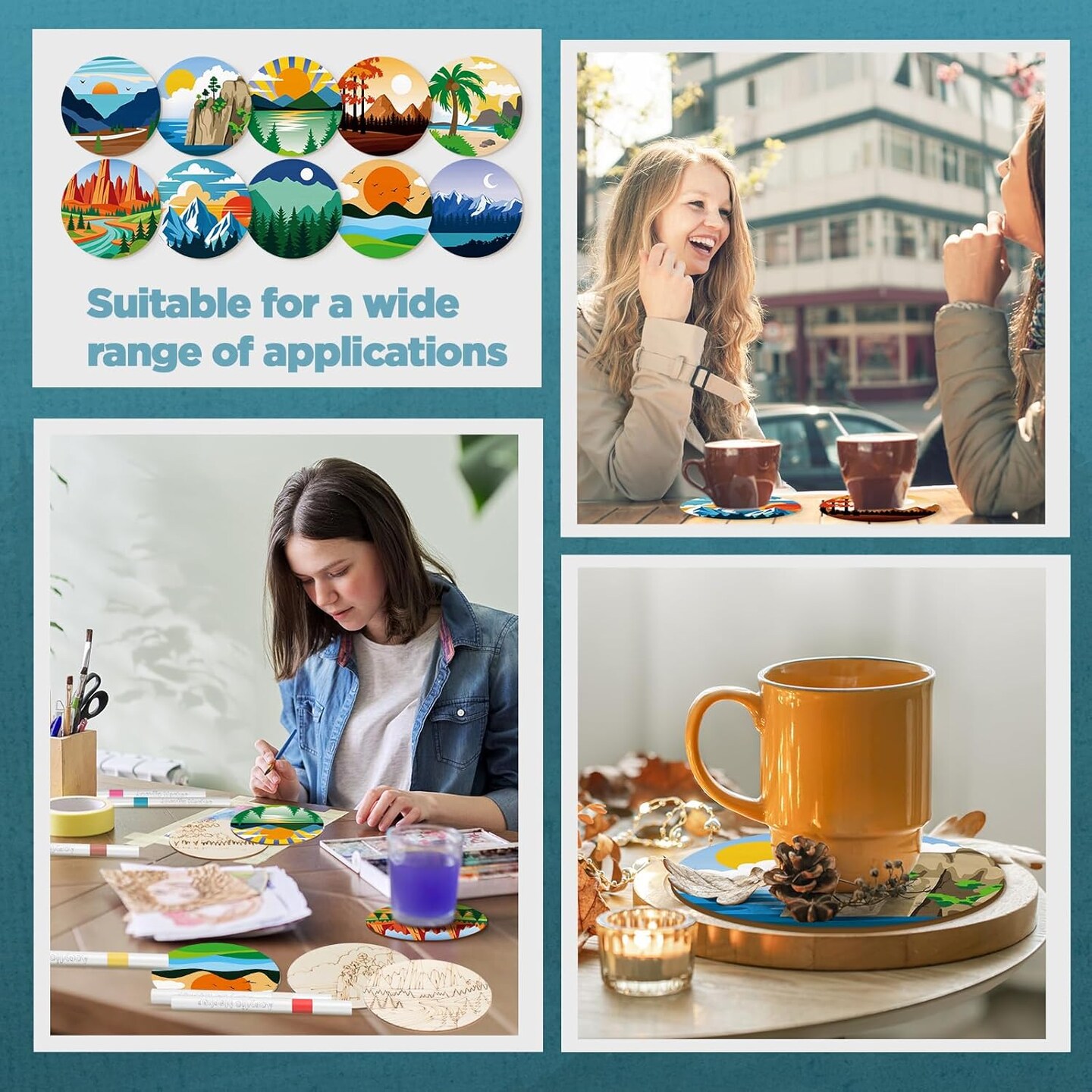 45 Pcs Wooden Coasters Painting Set with Markers 4 Inch Boho Drink Coaster