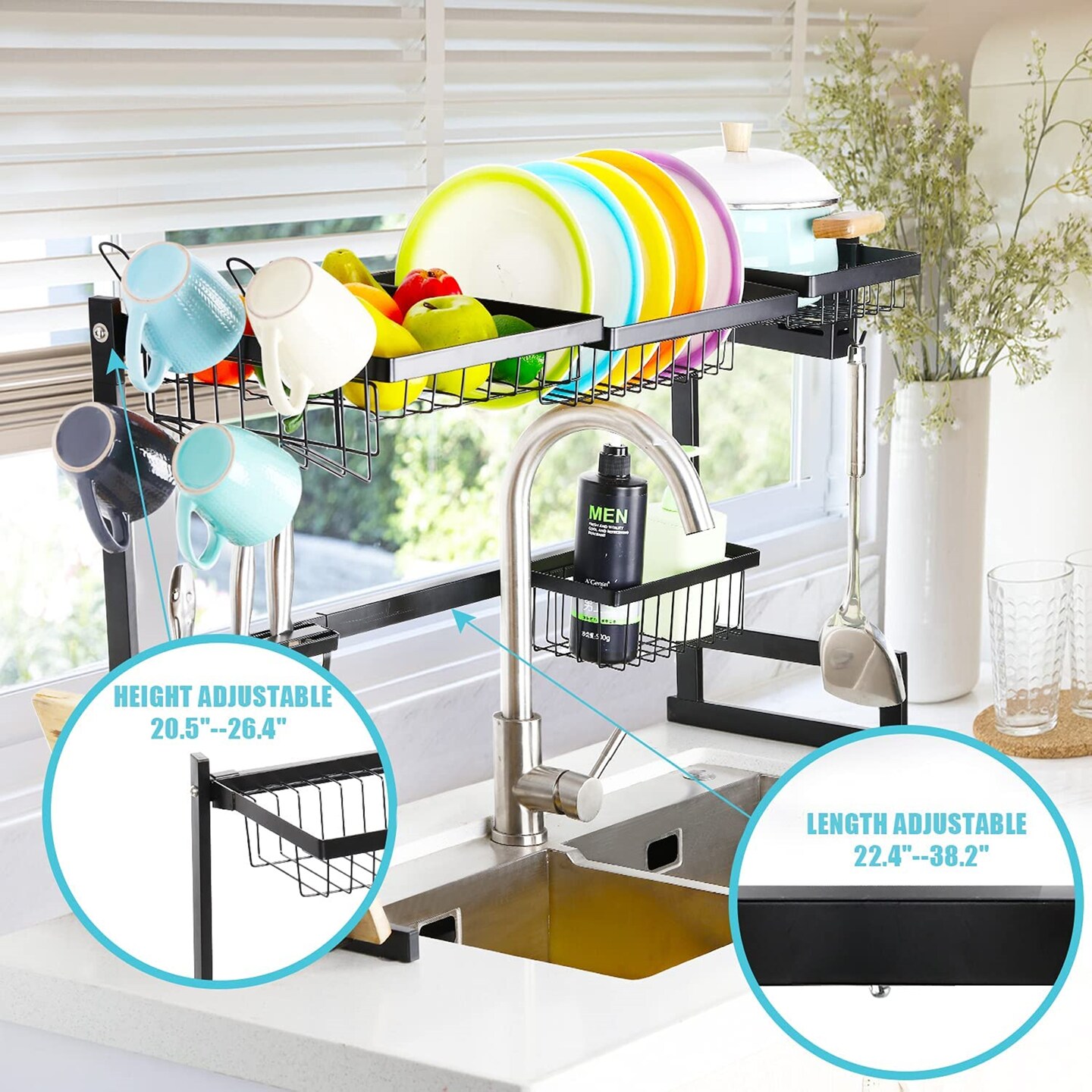Adjustable Over The Sink Dish Rack Stainless Steel Kitchen Organizer with Removable Utensil Hooks, Rust-Proof Design for Small Spaces