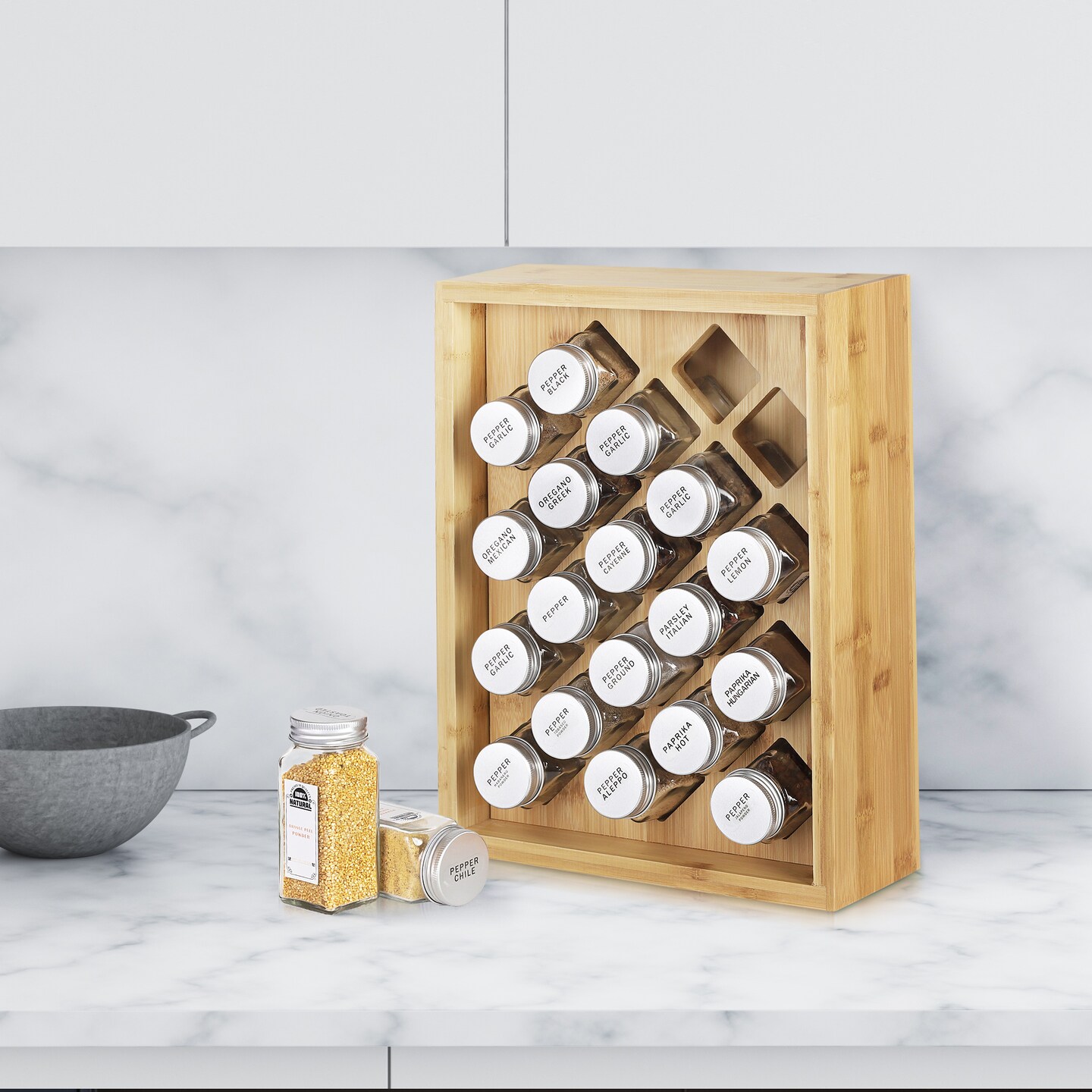 20-Jar Bamboo Spice Rack Organizer with Glass Jars Countertop Kitchen Storage for Cabinet, Pantry, or Drawer Eco-Friendly, Space-Saving Design