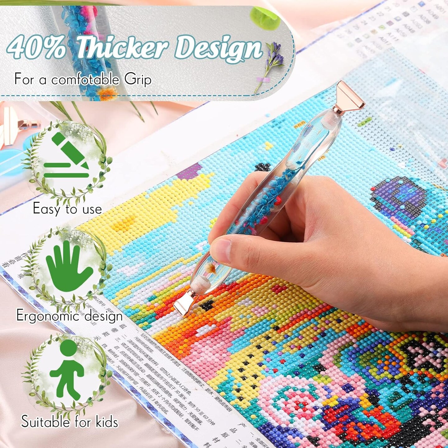 23 Pcs Flower Diamond Painting Art Drill Tool Pen Kits Resin for Adults with Rose Gold Pen Tips Preppy DIY Diamond Art Pens Accessories Nail Art Embroidery Decoration