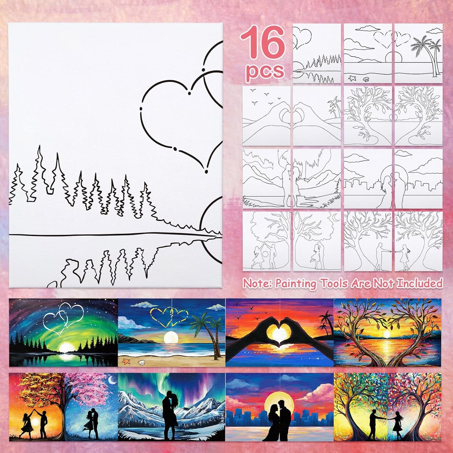 16 Pcs Pre Drawn Canvas for Painting for Adults Sip and Paint Kit Pre Printed Canvas(multicolor)10"L x 8"W