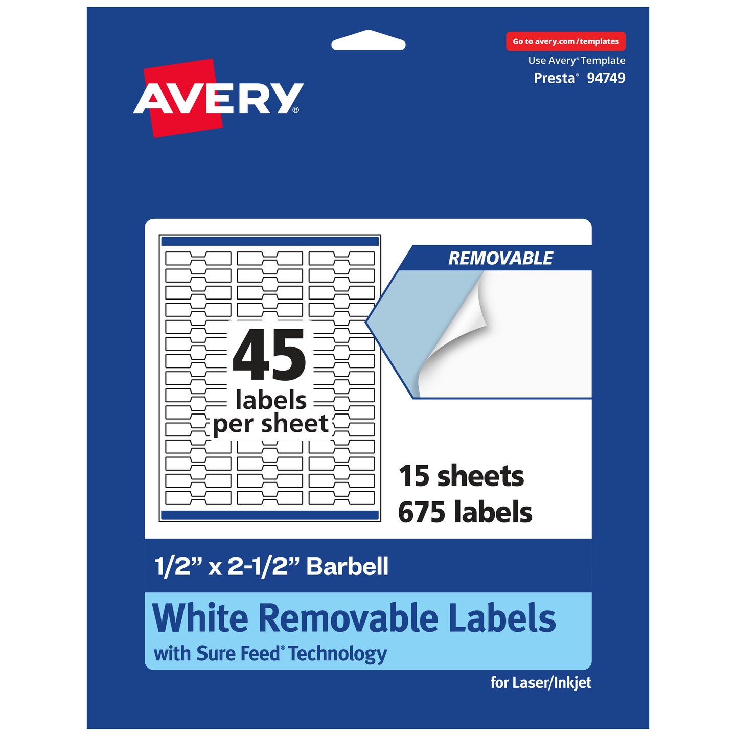 Avery Matte White Removable Barbell Labels with Sure Feed Technology, .5" x 2.5"