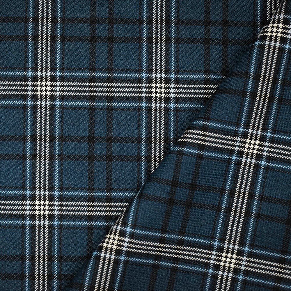 Blue-Black-White Polyester Wool Blend Plaid Twill Suiting Fabric By the Yard