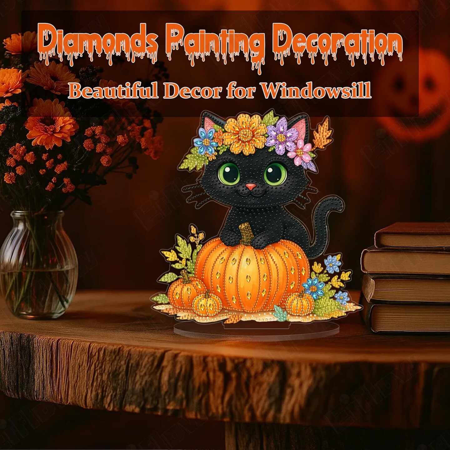 Desktop Diamond Art Kit for Adults – Halloween Black Cat & Pumpkin, DIY Tabletop Gem Painting with Stand