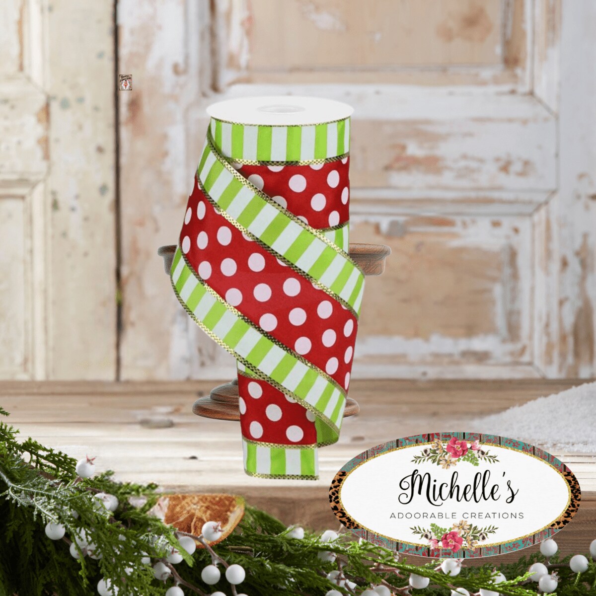 4&#x22; Striped Edge Polka Dot Ribbon: Red, Lime &#x26; White (10 Yards)