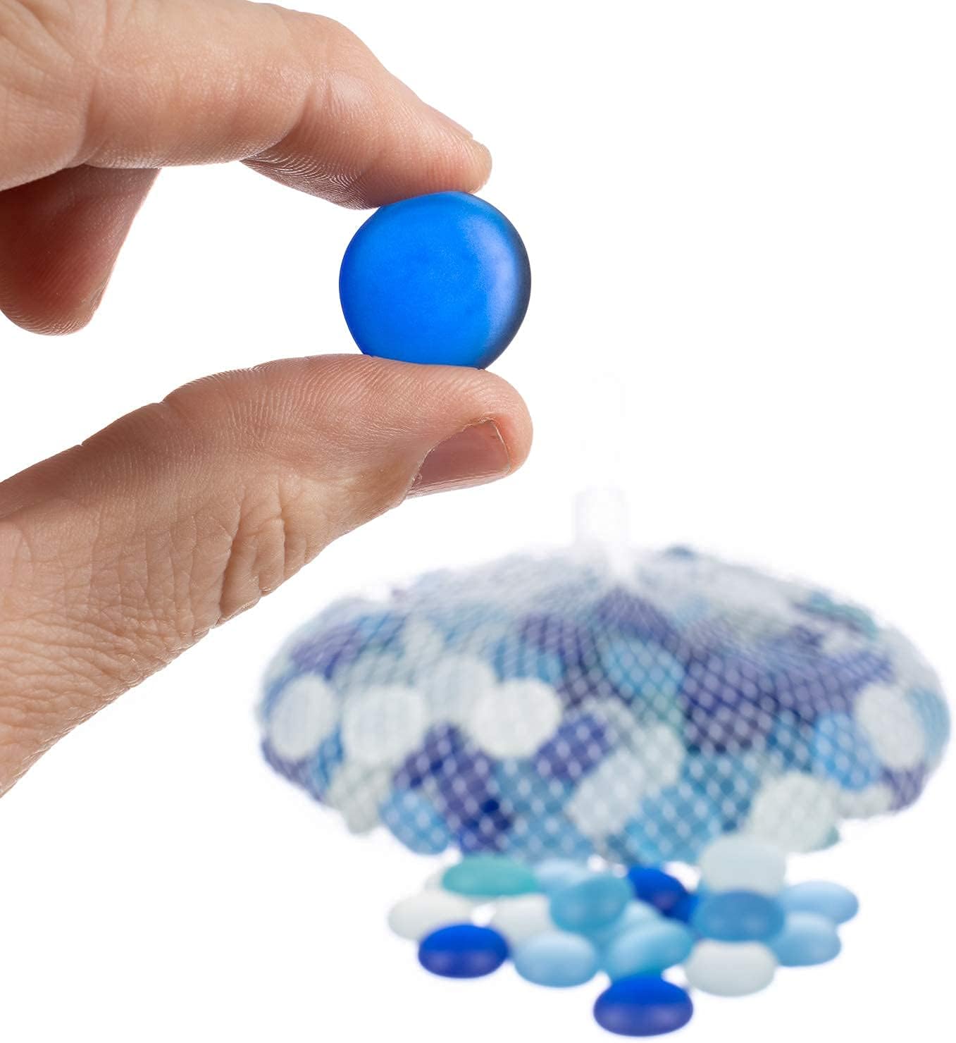 Flat Marbles Vase Filler - 0.68 Lb (70 pcs) Aqua White & Cobalt Glass Pebbles Vases - Clear Glass Stones for Vases - Flat Glass Marble for craft and Home décor - Aquarium Glass Marble filler