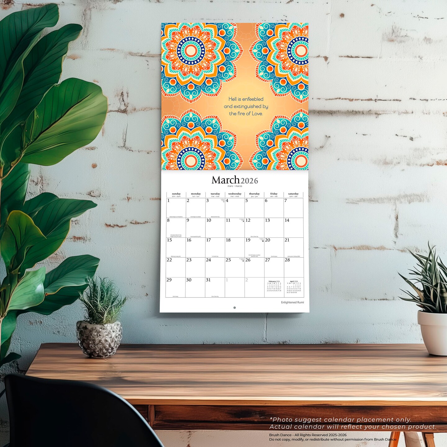 Enlightened Rumi | 2026 12 x 24 Inch (Hanging) Monthly Square Wall Calendar | Plastic-Free
