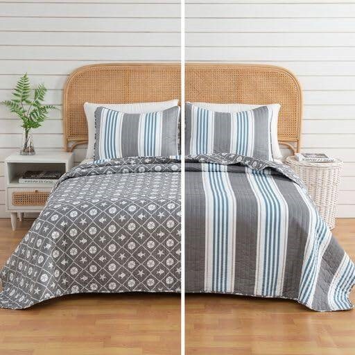 3 Piece Coastal Starfish Sand Dollar Grey Blue White Quilt Set