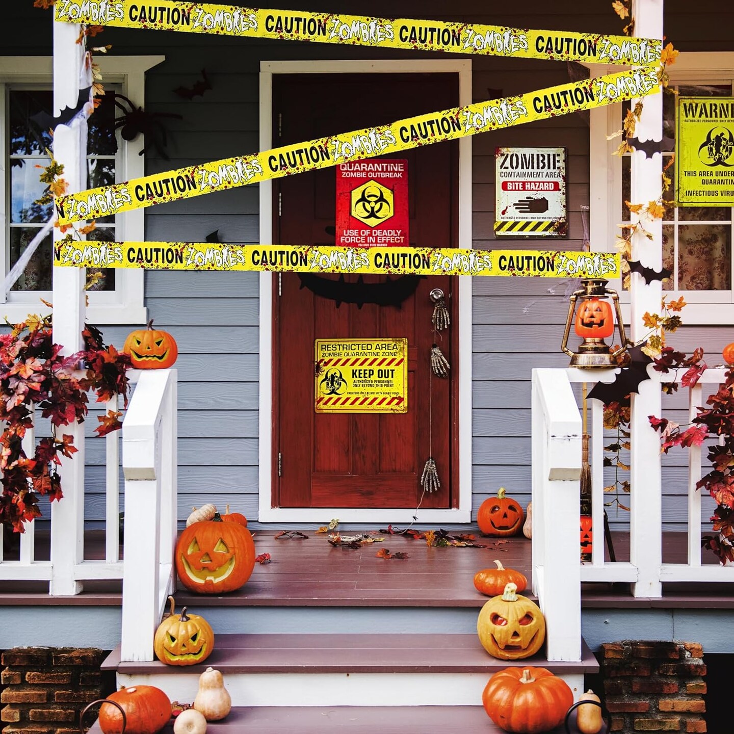 4E&#x27;s Novelty Halloween Zombie Warning Signs with 20ft Caution Tape &#x2013; 6 Pack 11x14 Creepy Posters for Indoor Outdoor Haunted House, Graveyard, Front Yard, Door, Wall, Garden, Balcony Party Decor